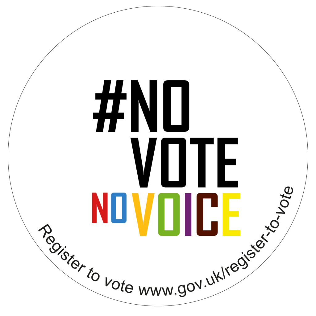 # no vote no voice main title with small text that says register to vote www.gov.uk/register -to-vote. All text is wrapped in a circle