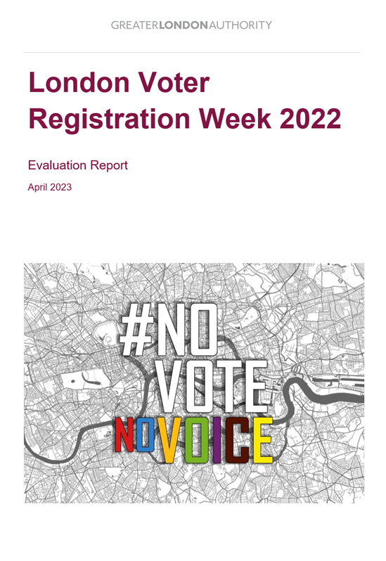 London Voter Registration Week 2022 evaluation report cover page with #NoVoteNoVoice logo on map of London