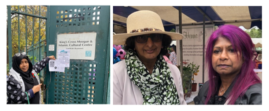 Two photos 1. A person who is outside holding up an information leaflet underneath a sign for King's Cross Mosque and Islamic Cultural Centre. 2. Two people standing underneath a blue and white striped tent at a community event with a Henna Asian Women's Group banner in the background.