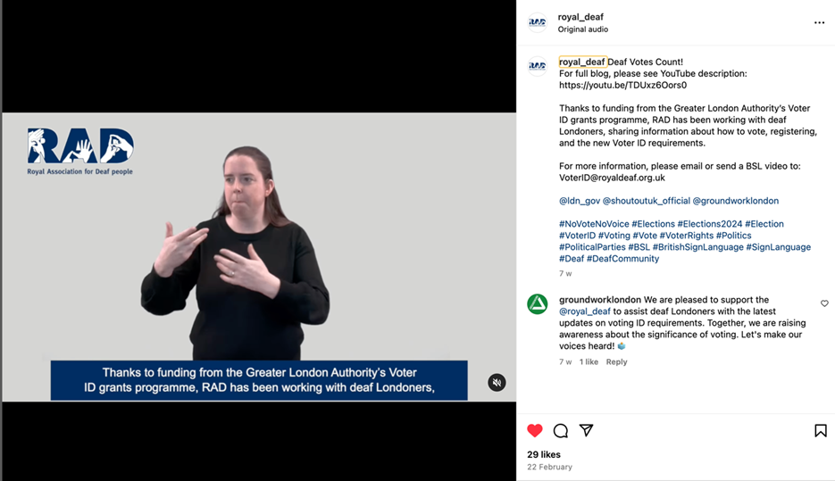 A still from a video of a woman delivering voter information in British Sign Language.