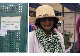 Two photos 1. A person who is outside holding up an information leaflet underneath a sign for King's Cross Mosque and Islamic Cultural Centre. 2. Two people standing underneath a blue and white striped tent at a community event with a Henna Asian Women's Group banner in the background.