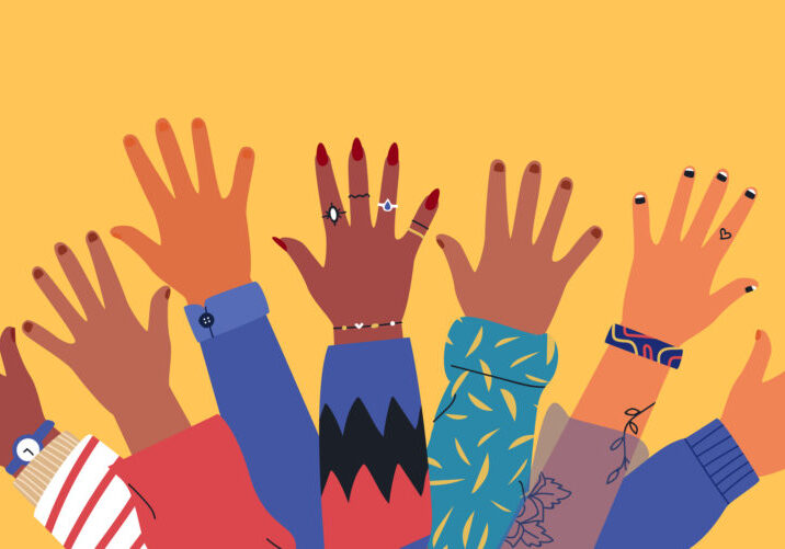 Diverse young people hands on isolated background. Teenager hand group with raised arm for celebration or friend community concept. Flat cartoon illustration of men and women arms.