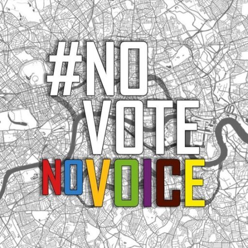 No Vote No Voice logo with London tube map background.